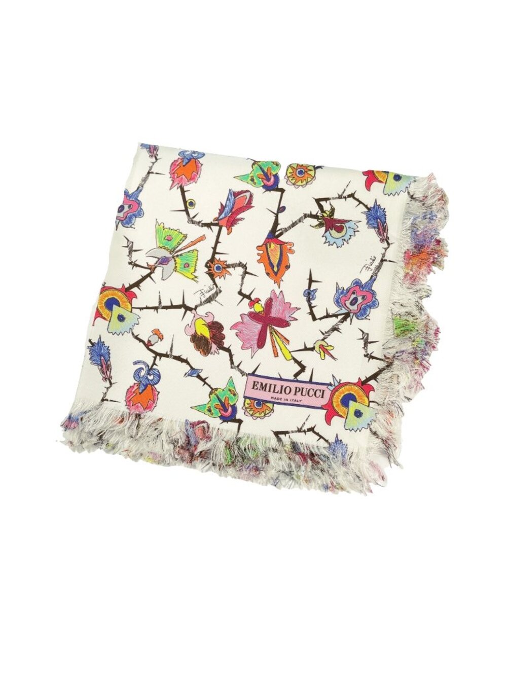 Vintage Emilio Pucci Silk Scarf Rare Whimsical Floral Bird Fringe Italy 20”